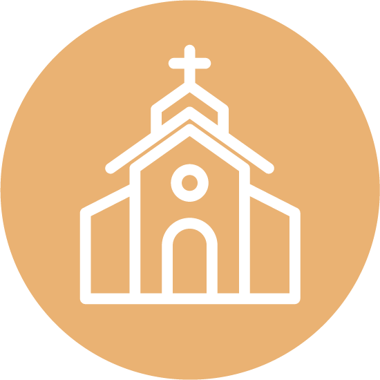 Line drawing of a church with a cross on top, oval window, and arched doorway, set against a tan circular background.