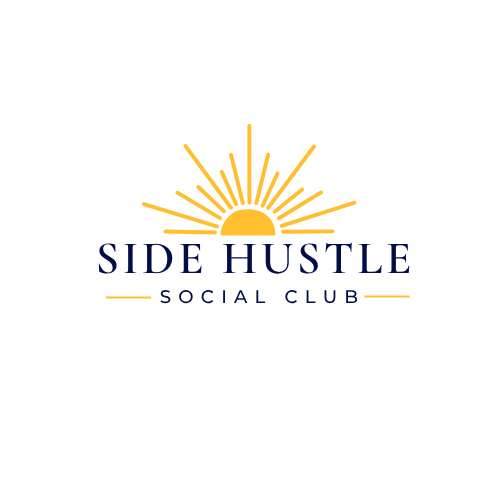 Logo of Side Hustle Social Club featuring a yellow sun with rays above the text 'SIDE HUSTLE' in dark blue, with 'SOCIAL CLUB' beneath, separated by two yellow lines.