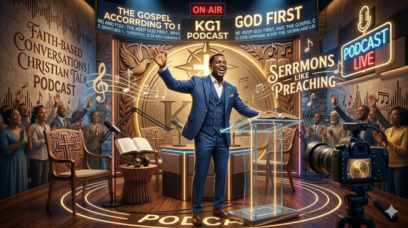 A lively church podcast recording session with a pastor or speaker at a transparent podium, surrounded by a congregation of people raising their hands, in a studio setting with religious and musical decor.