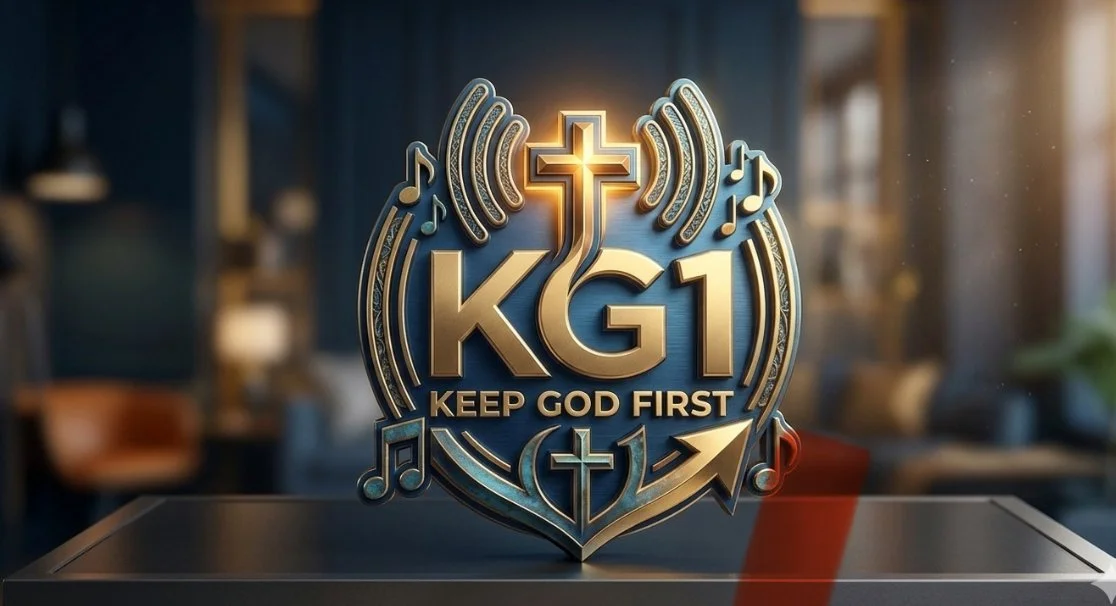 Digital badge with the text 'KG1' and 'Keep God First', featuring a cross, musical notes, and upward arrow, set against a blurred indoor background.