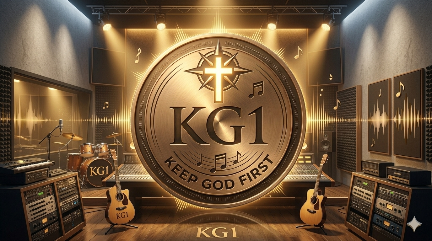 Music studio with a large circular logo in the center reading 'KG1' and 'Keep God First,' surrounded by musical instruments, sound equipment, and soundproofing on the walls, with a warm lighting ambiance.