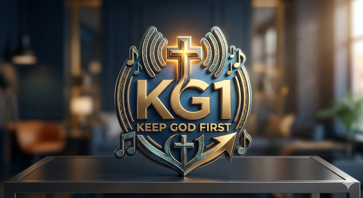 A 3D emblem with religious symbols and text that reads 'KG1' and 'KEEP GOD FIRST', featuring a cross, musical notes, and an arrow, set against a blurred indoor background with sunlight.