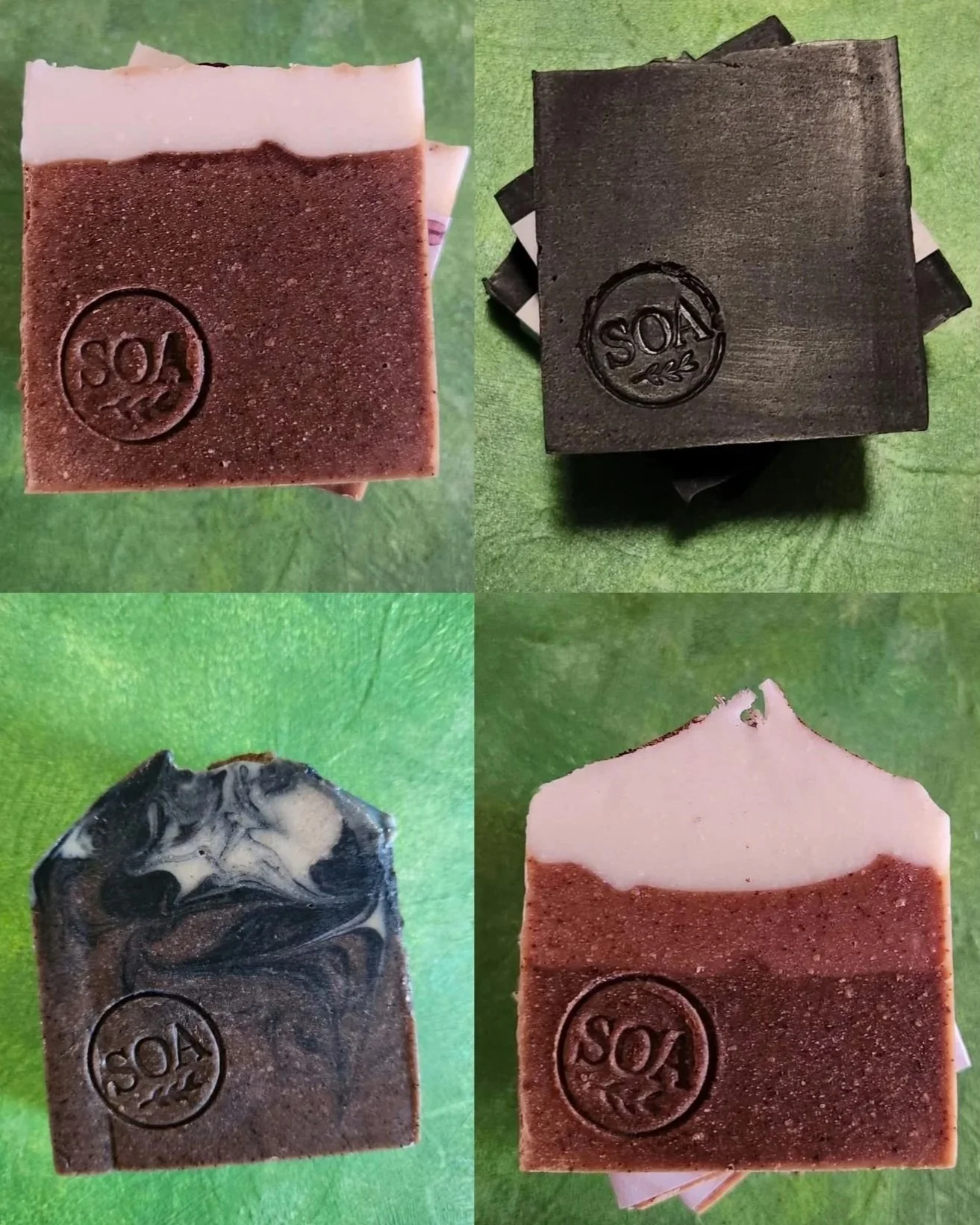 A collage of four soap bars with different colors and patterns, each stamped with the letter 'SOS' inside a circle.