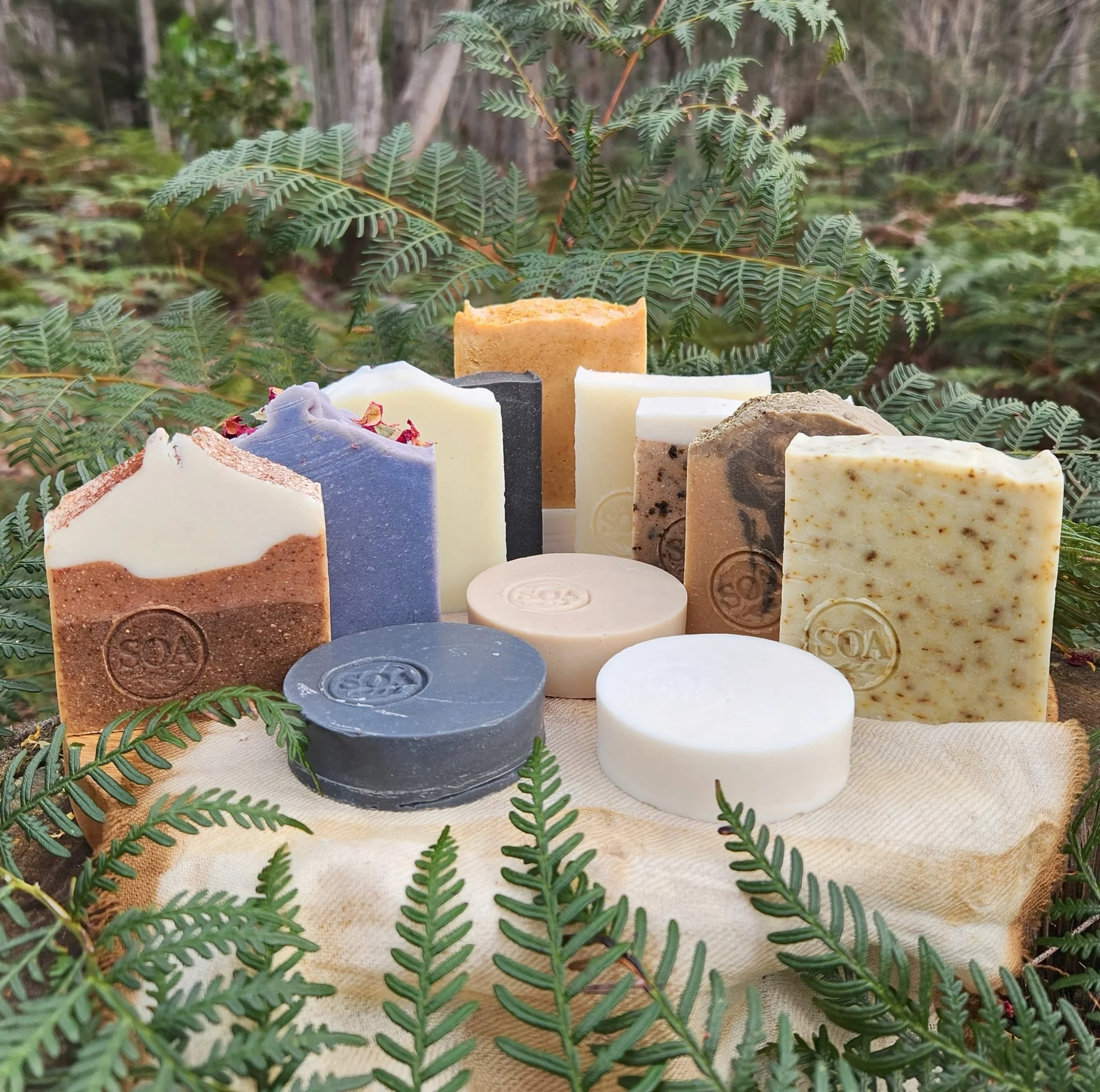 A variety of handmade soap bars displayed on a cloth, surrounded by green fern leaves with a forest background.