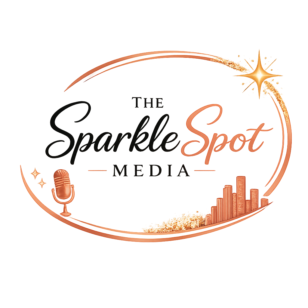 Logo for The Sparkle Spot Media with a microphone, star, and city skyline elements
