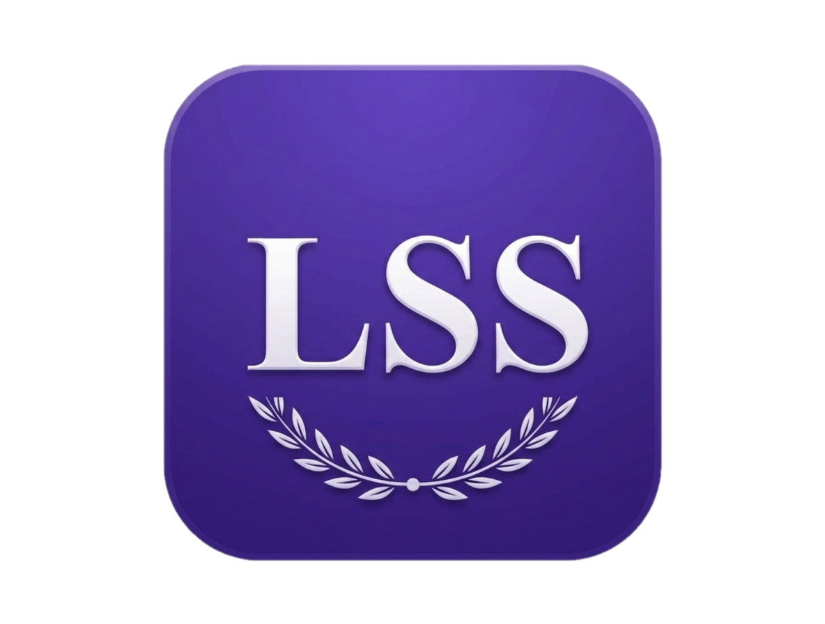 Logo with the letters 'LSS' in white on a purple background, with a laurel wreath beneath the letters.