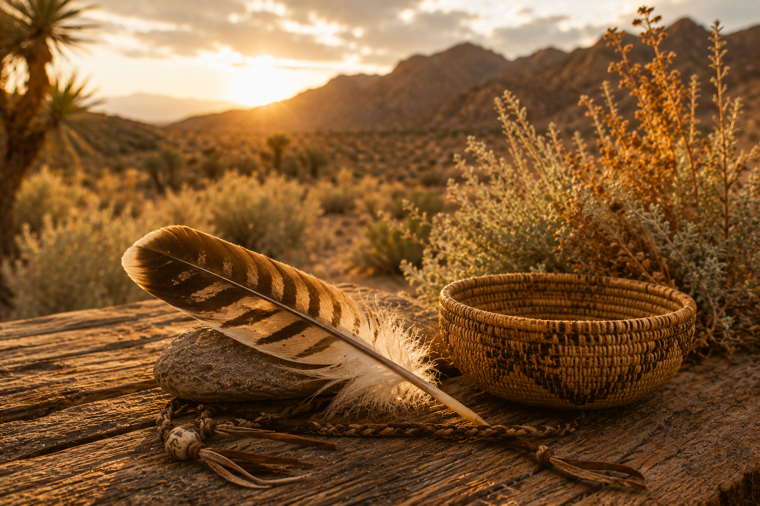 A feather, a stone, and a woven basket on a wooden surface in a desert landscape at sunset.