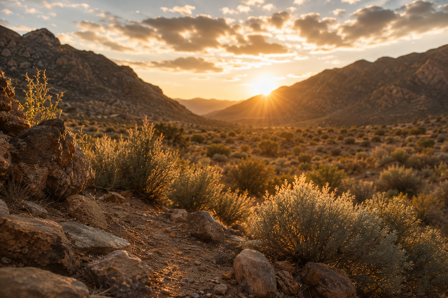 Sunset over a desert landscape with rocky terrain and shrubs, with mountains in the background.
