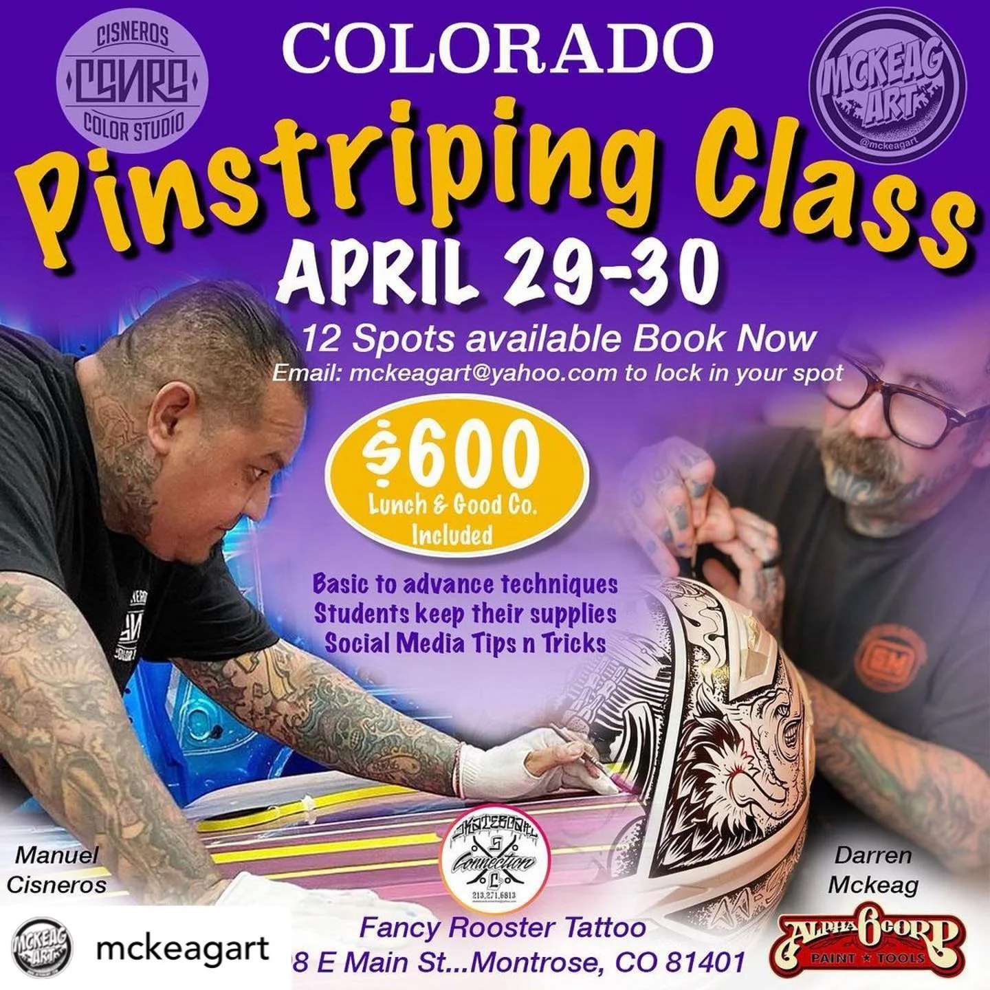 Only a few more days! Let&rsquo;s paint!! 🎨 @fancy_rooster_tattoo @mckeagart @csnrs @alpha6paint @skateboardconnection #montrosecolorado #colorado #pinstripingworld #pinstriping #pinstriper #lettering #hotrod #lowrider #chopper