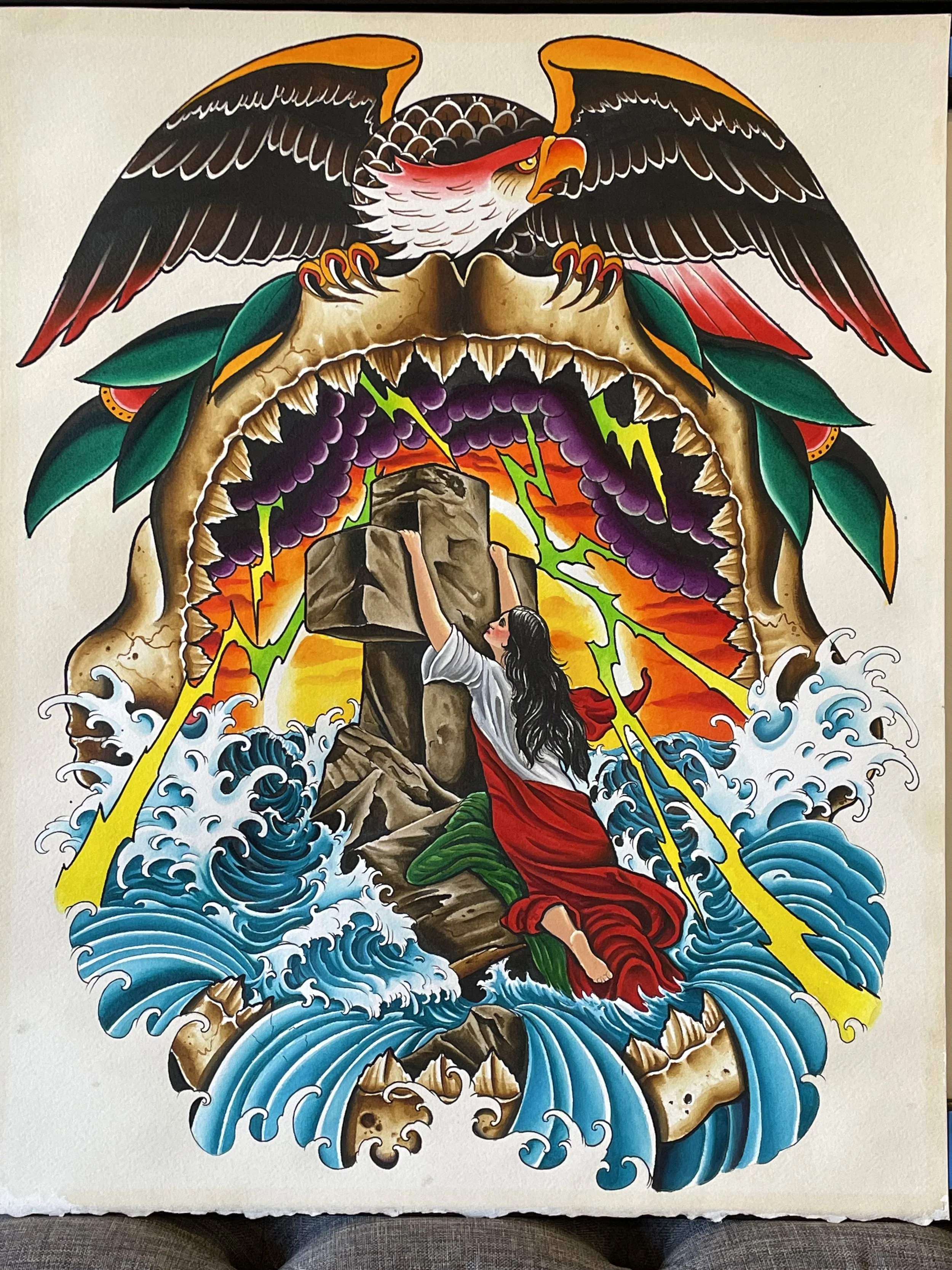 A traditional style tattoo design featuring a large eagle with outstretched wings, a woman in a red dress and white shirt holding a stone cross, waves crashing below, and various colorful elements surrounding the scene.