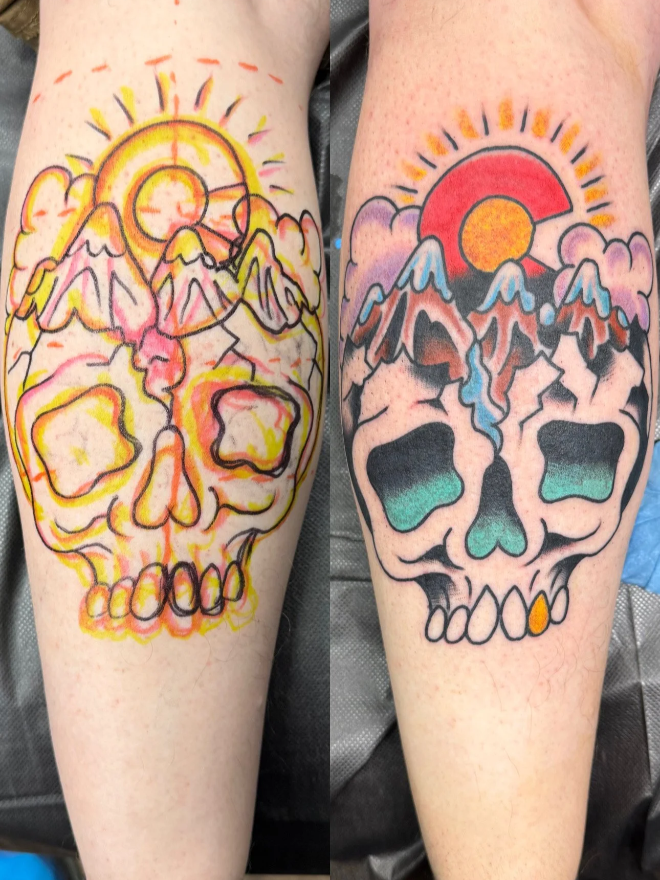 Drawn on traditional skull showing the wearers love and passion for all that colorado has to offer. done in bright colors and solid saturation.