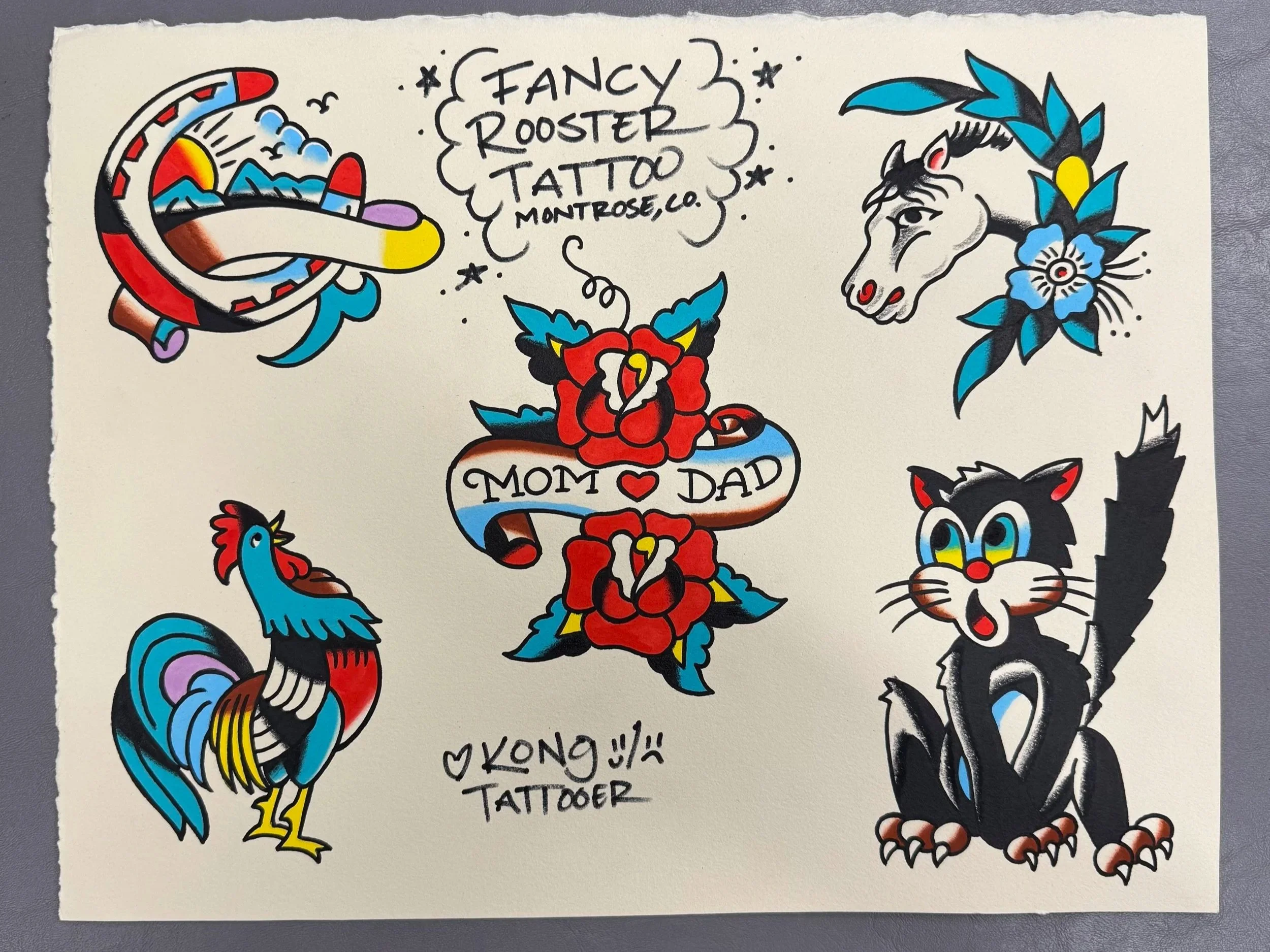 Colorful traditional tattoo art on paper promoting a tattoo studio named Fancy Rooster Tattoo in Montrose, Colorado, with a rooster, wolf, flowers, and other decorative elements.
