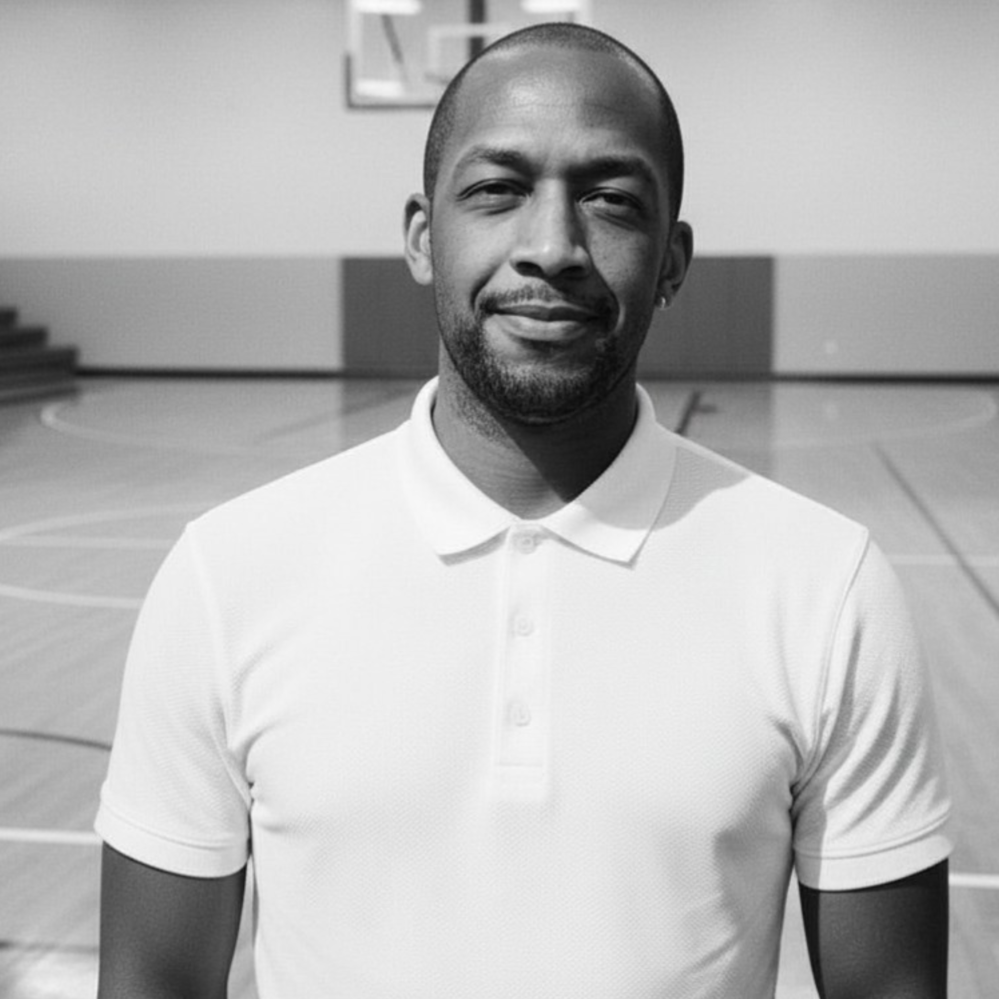A black-and-white photograph of a man wearing a white polo shirt, standing indoors with a basketball hoop in the background.