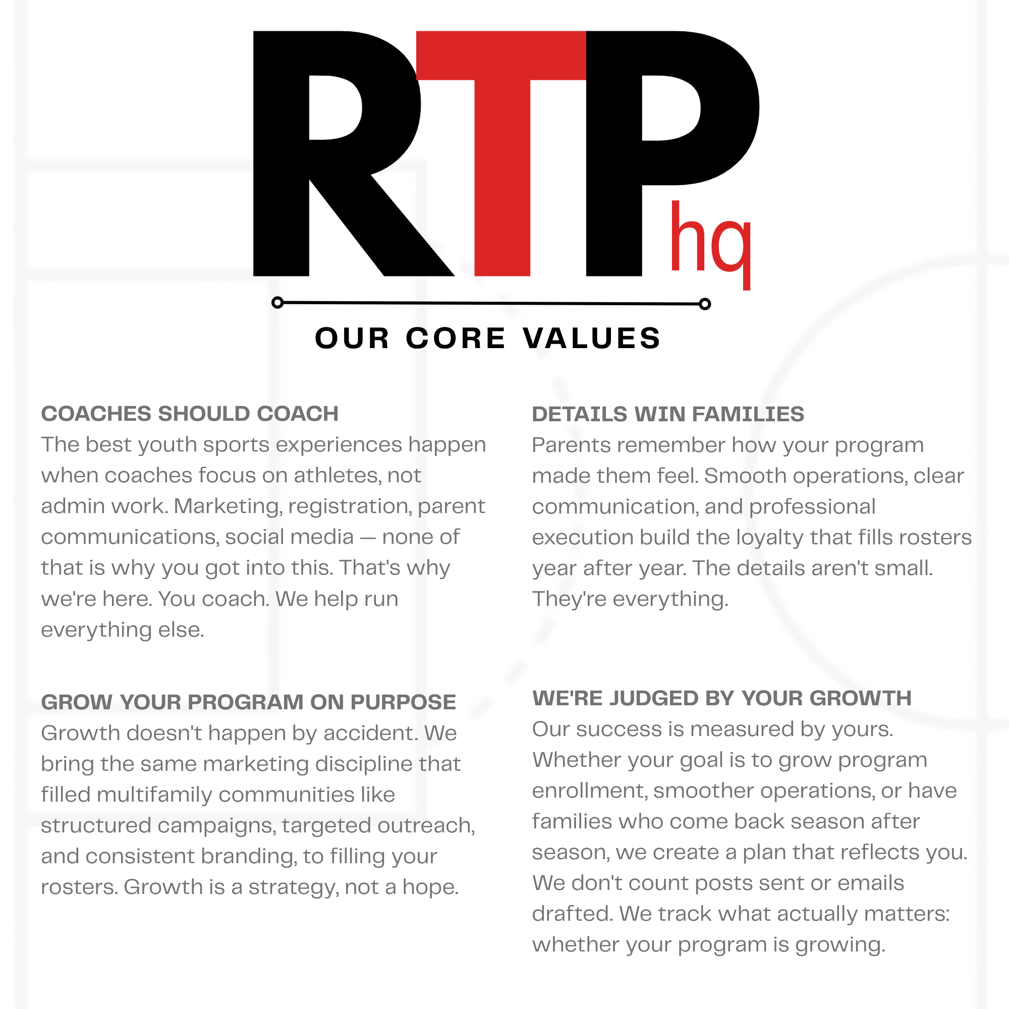 Logo with large black letters 'R', 'T', and 'P', with a red 'T' and small red 'hq', along with the tagline 'OUR CORE VALUES' and text about coaching, growth, and program development.