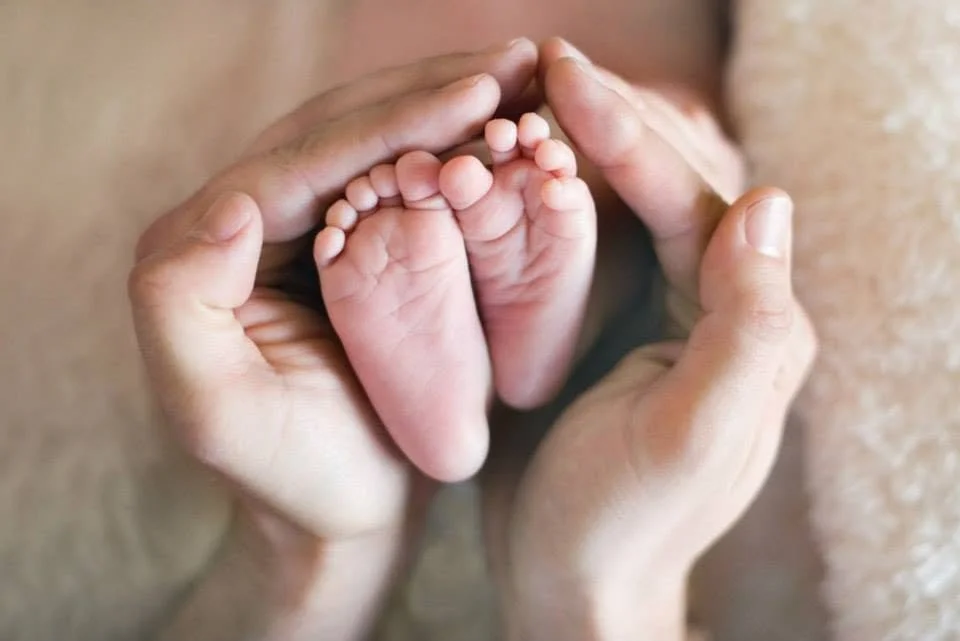 Close-up of a baby's feet being held gently by an adult's hands.