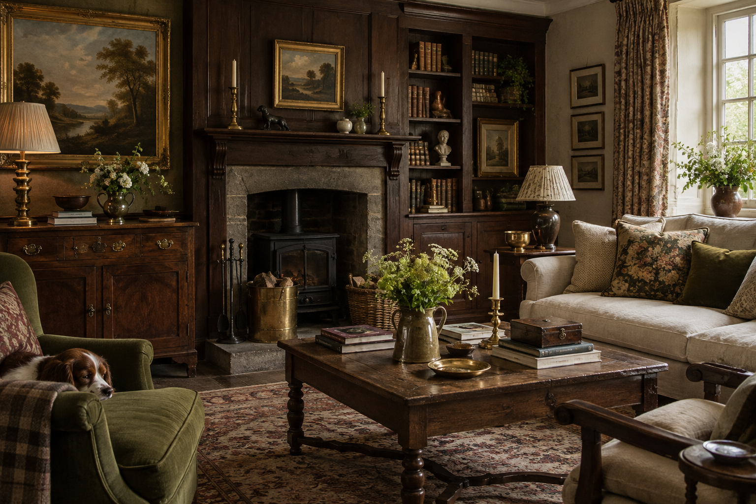 Collected English country room with vintage artwork, warm wood, books, and brass accents