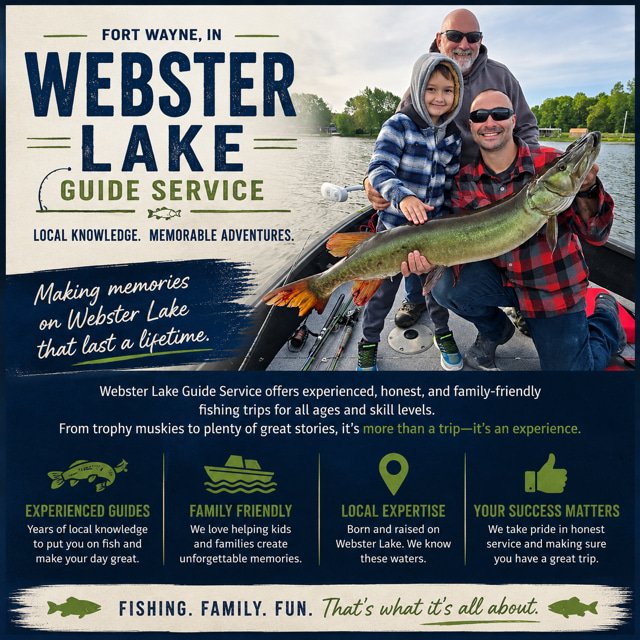 Fishing guide service operating on Webster Lake in Indiana.