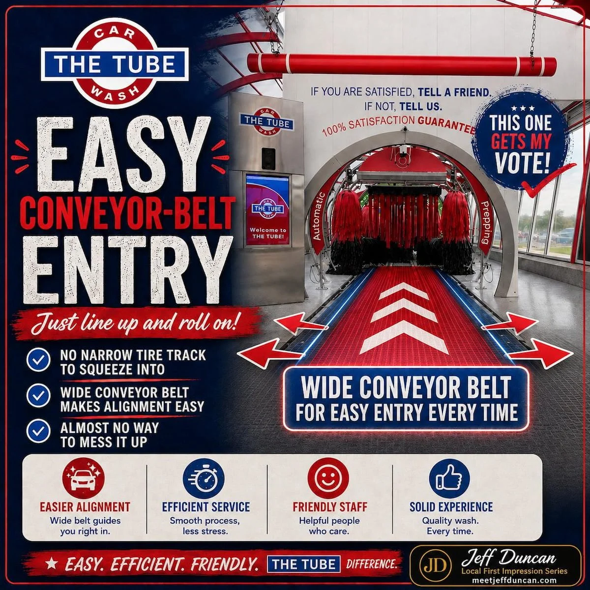 Promotional website card for The Tube Car Wash highlighting its easy conveyor-belt entry, helpful staff, efficient service, and car wash tunnel design.