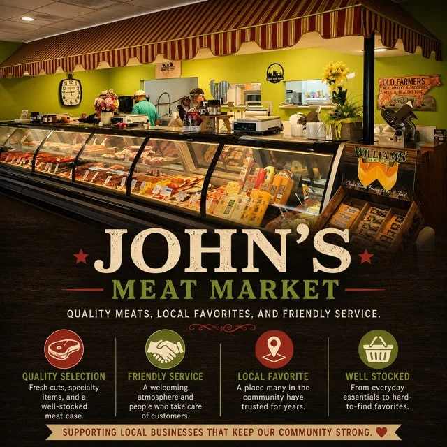 Exterior of John's Meat Market in Roanoke, Indiana.