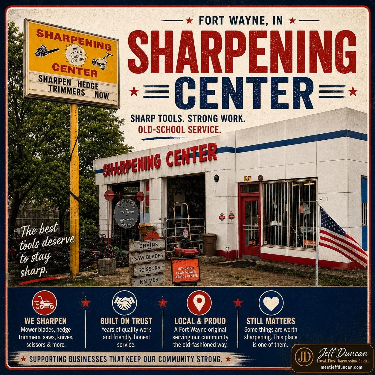 Front entrance of Sharpening Center in Fort Wayne, Indiana.