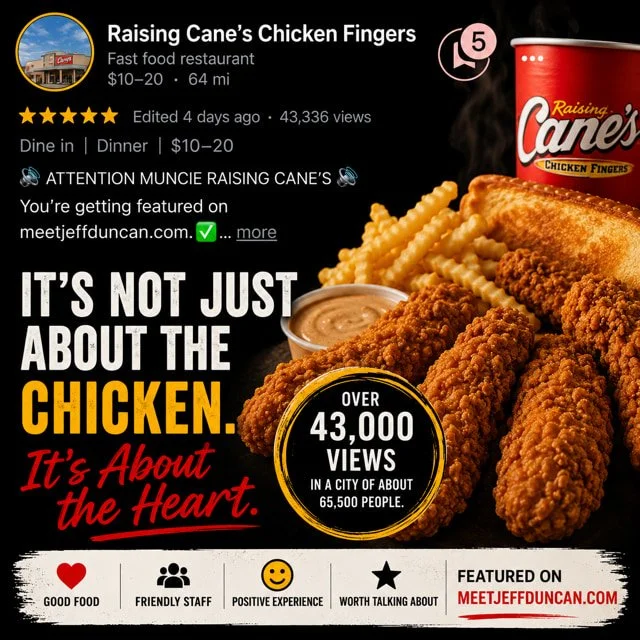 Google Maps review of Raising Cane's Chicken Fingers in Muncie, Indiana showing more than 43,000 views.