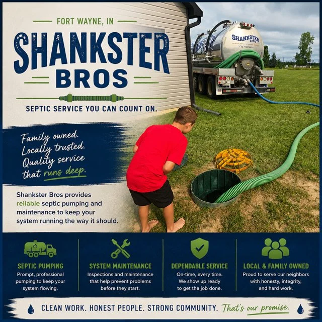 Shankster Bros service truck at a home while a child looks into the open septic access.