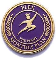 Logo with a purple background, gold border, and text reading 'FLEX THE POINT' with a lightning bolt and laurel wreath design.