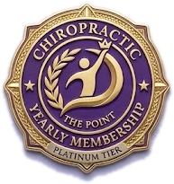 Chiropractic logo with a gold and purple design, featuring a stylized spine, laurel wreath, and the text 'Chiropractic The Point, Yearly Membership, Platinum Tier'.