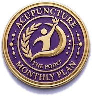 A round purple badge with gold accents that says 'Acupuncture The Point Monthly Plan' and features an abstract gold figure with a crown surrounded by laurel leaves.