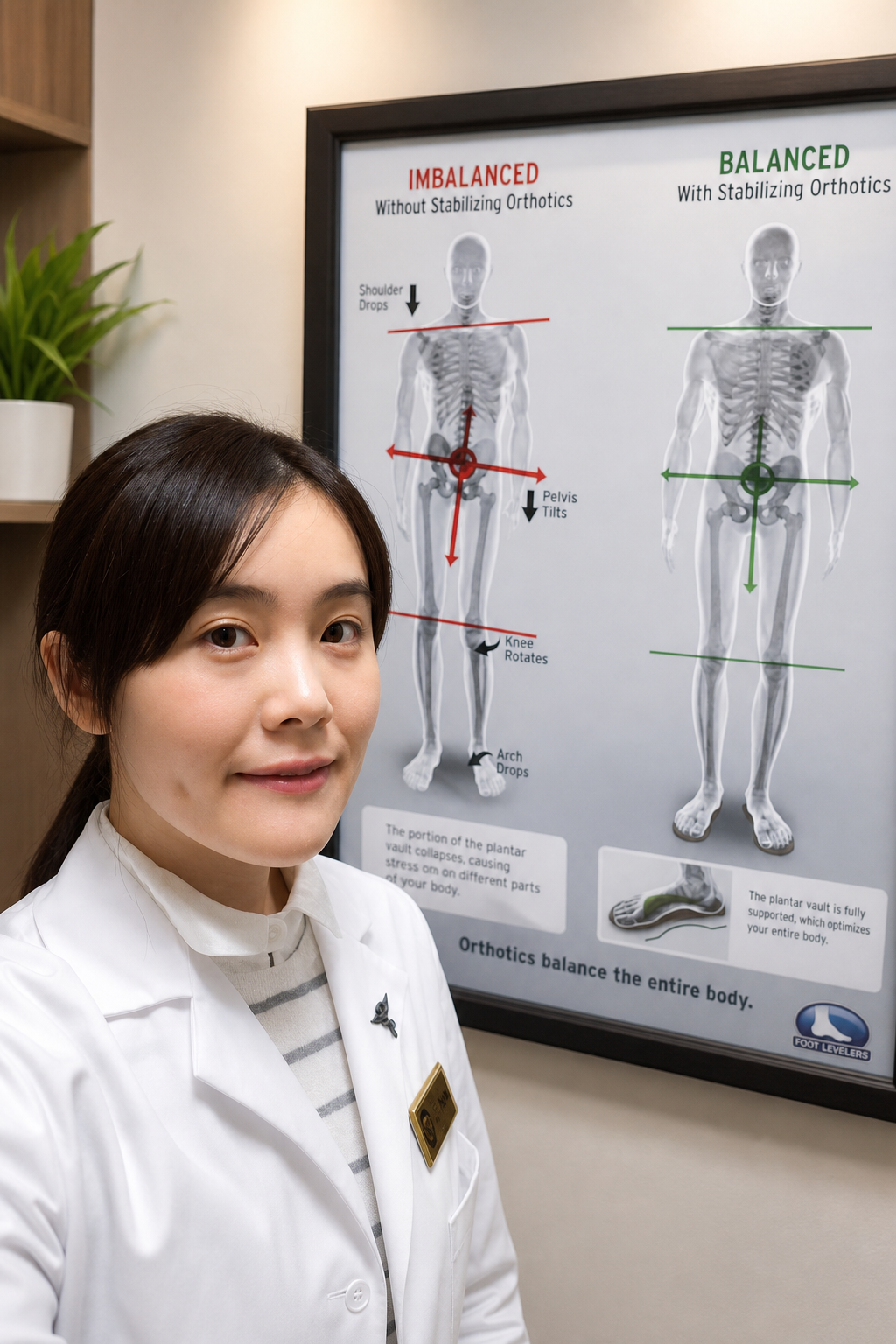 A woman in a white coat standing in front of a diagram showing the differences between imbalanced and balanced physiologic posture, with labeled points indicating shoulder drops, pelvis tilts, knee rotation, and arch drops.