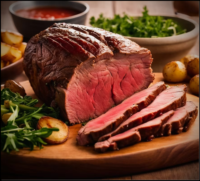 A cut of cooked beef steak on a wooden cutting board, surrounded by roasted potatoes, garlic, and greens, with bowls of sauce and salad in the background.