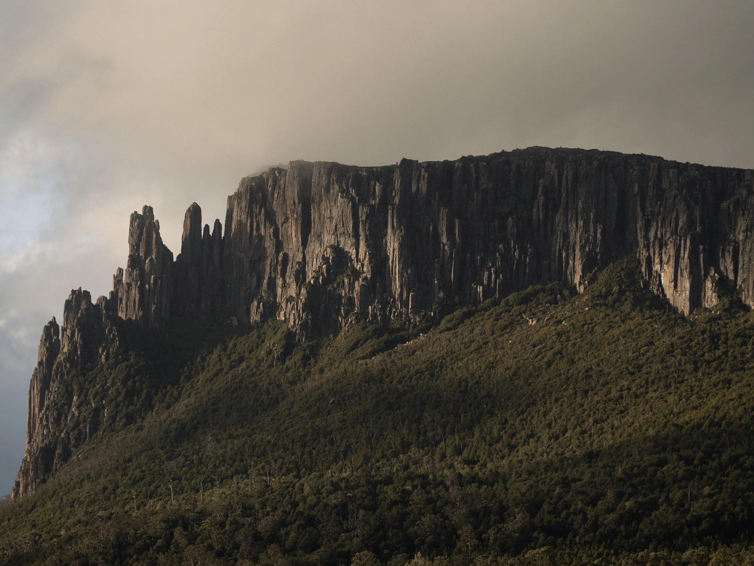 A mountainous landscape with a lush green forest at the base, rising to rugged rocky cliffs and peaks under a mostly cloudy sky.