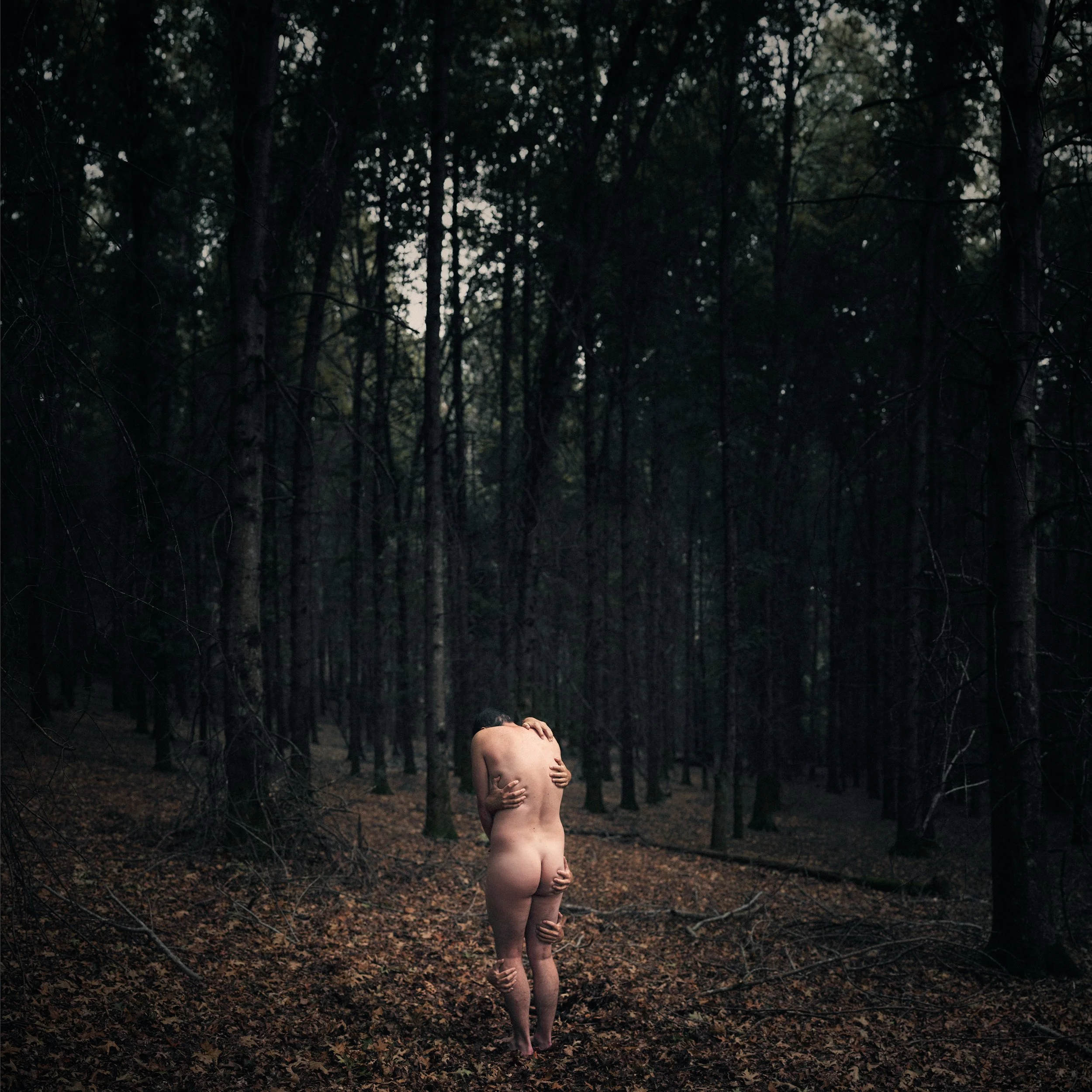 A naked person standing in a dark forest with tall trees, holding their head with one hand and facing away from the camera.