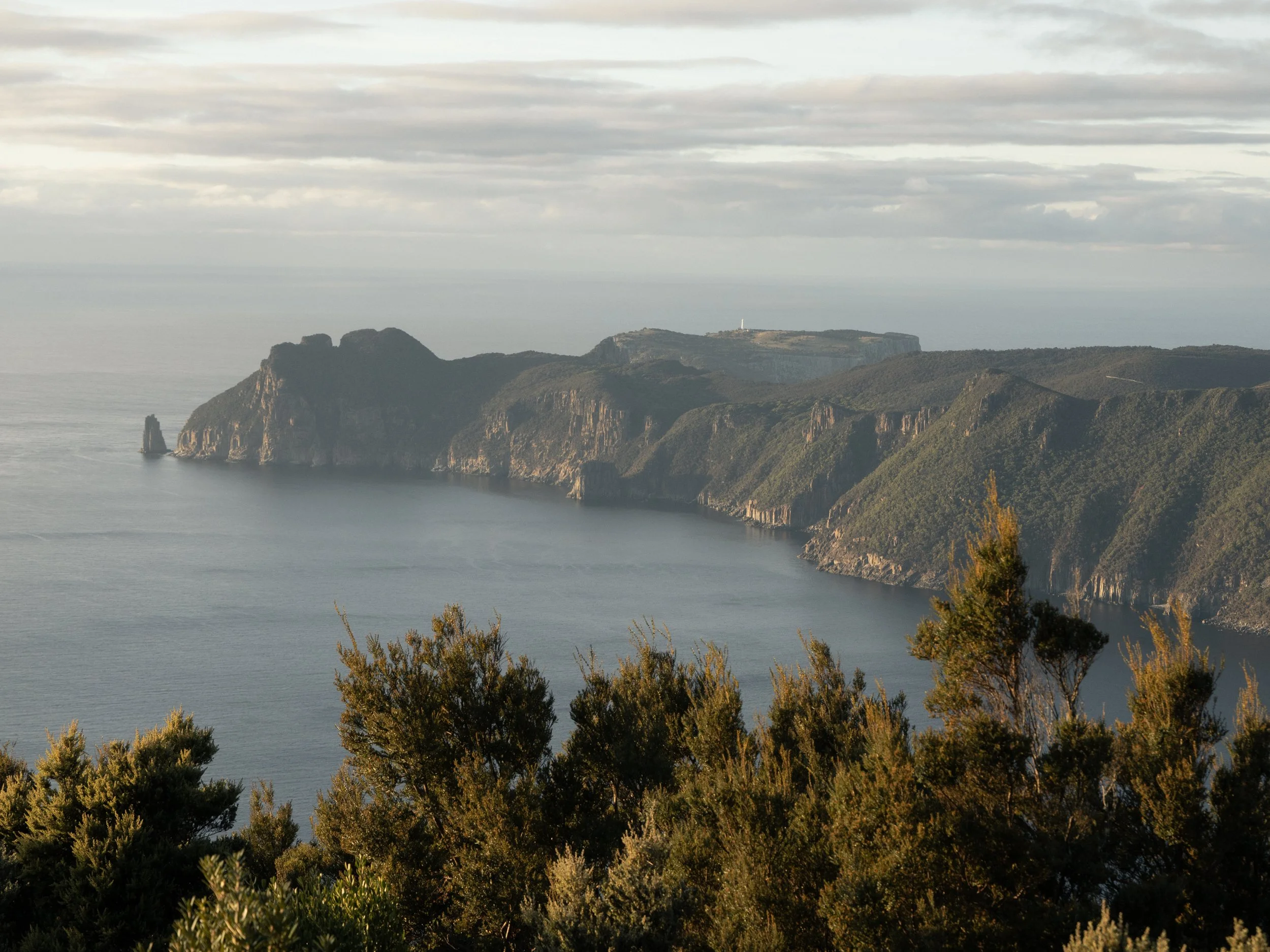 Cliffs along a coastline with rocky formations, greenery in the foreground, and a lighthouse on a distant hill under a cloudy sky.