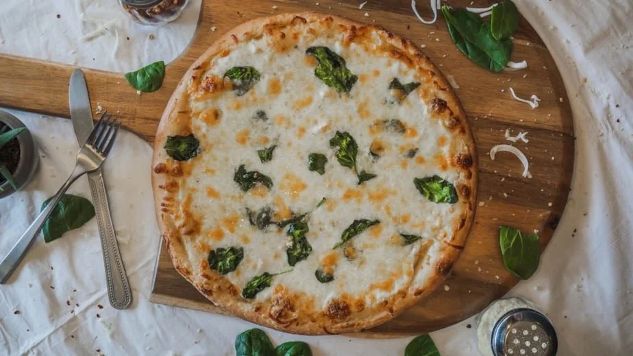 A cheese pizza with basil leaves on top, placed on a wooden serving board.
