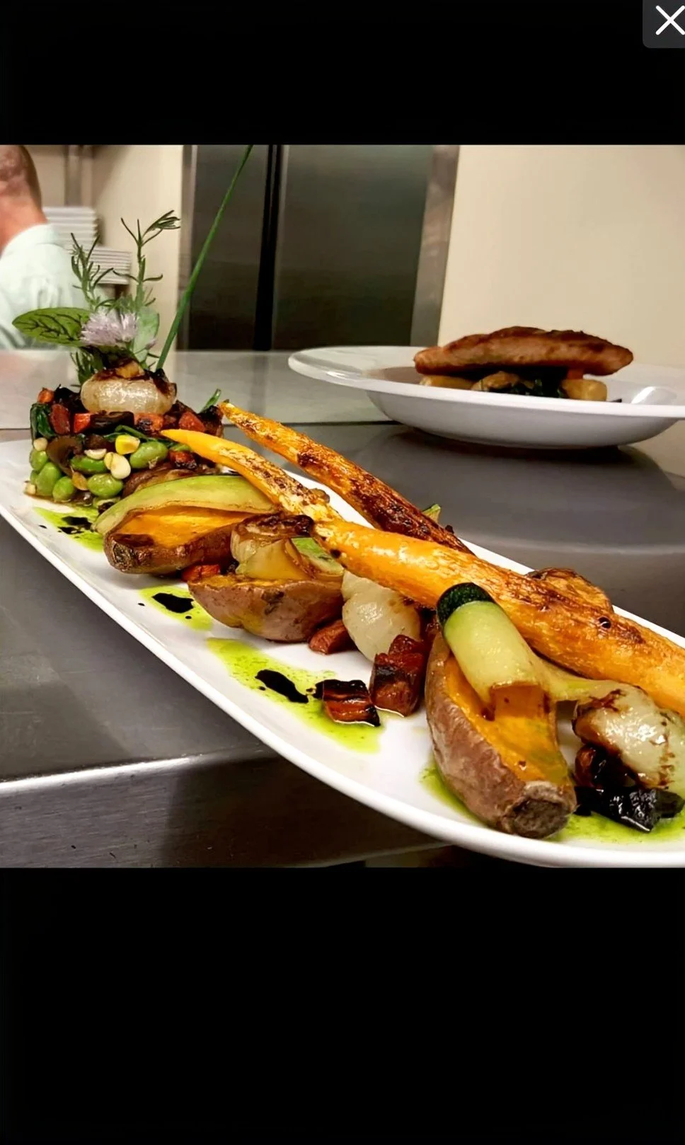 A plated gourmet dish with roasted vegetables, potato wedges, grilled meat, and a small salad garnished with herbs, with another plated dish visible in the background.