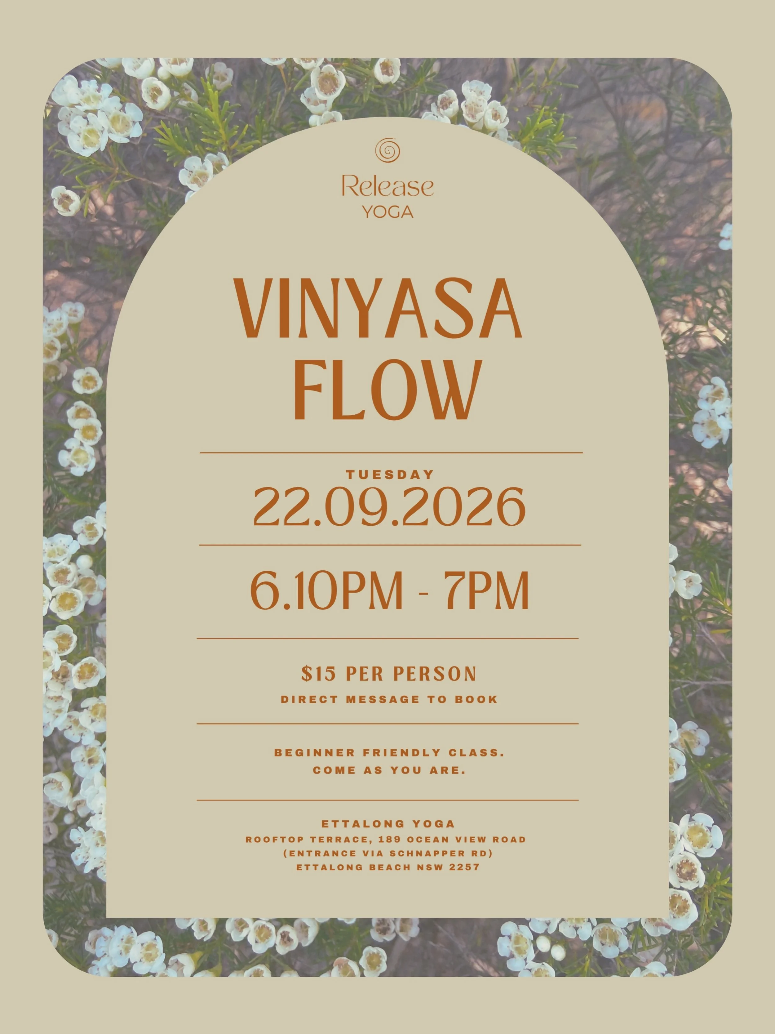 Direct Message to book 🤍

🌀 Join me Tuesday 22nd September for a 50minute Vinyasa Flow class

No experience needed, just come as you are 🌱
Move your body, connect with your breath and welcome the warmth of spring 🌸

🌿Tuesday 22nd September 2026
