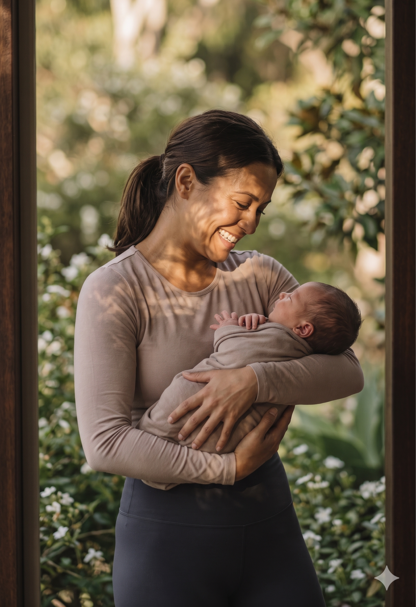 A woman smiling while holding a baby in her arms outdoors, with greenery and white flowers in the background.