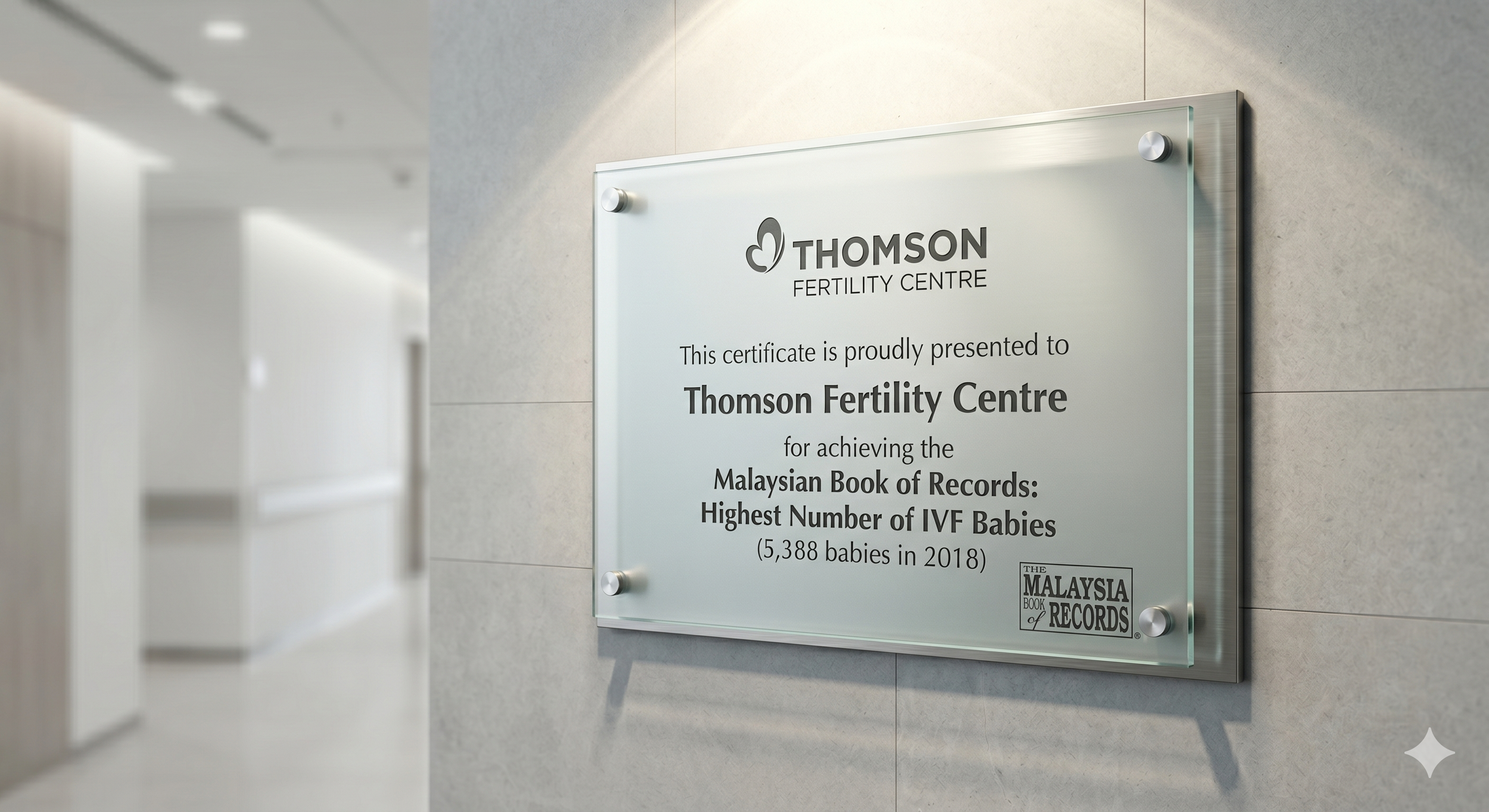 A plaque on a wall awards the Thomson Fertility Centre for achieving the Malaysian Book of Records for the highest number of IVF babies in 2018, with a total of 5,388 babies.