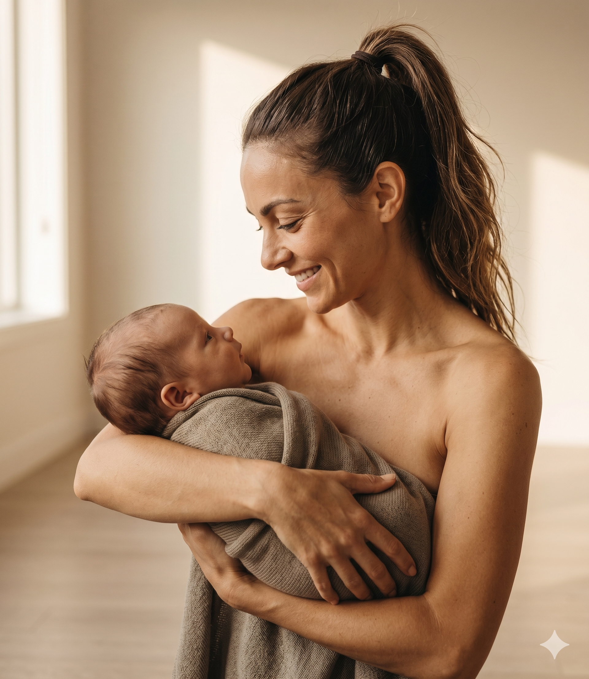 A woman holding a baby in a warm, softly lit room.