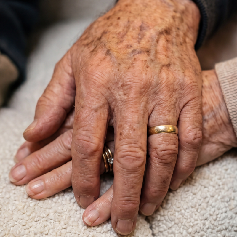 Close-up of two elderly hands clasped together, one hand resting on top of the other, showing signs of aging such as wrinkles and age spots, with wedding rings worn on both ring fingers.