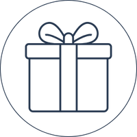 Outline of a gift box with a bow on top, inside a circle