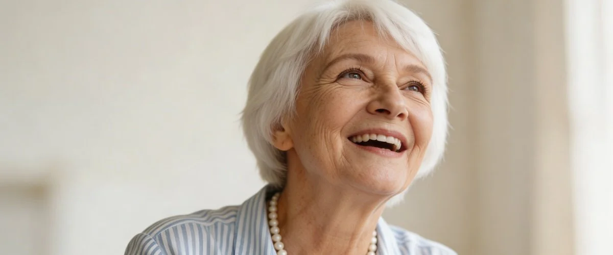 Close-up of smiling elderly woman with short white hair, wearing a striped shirt and pearl necklace, looking happy.