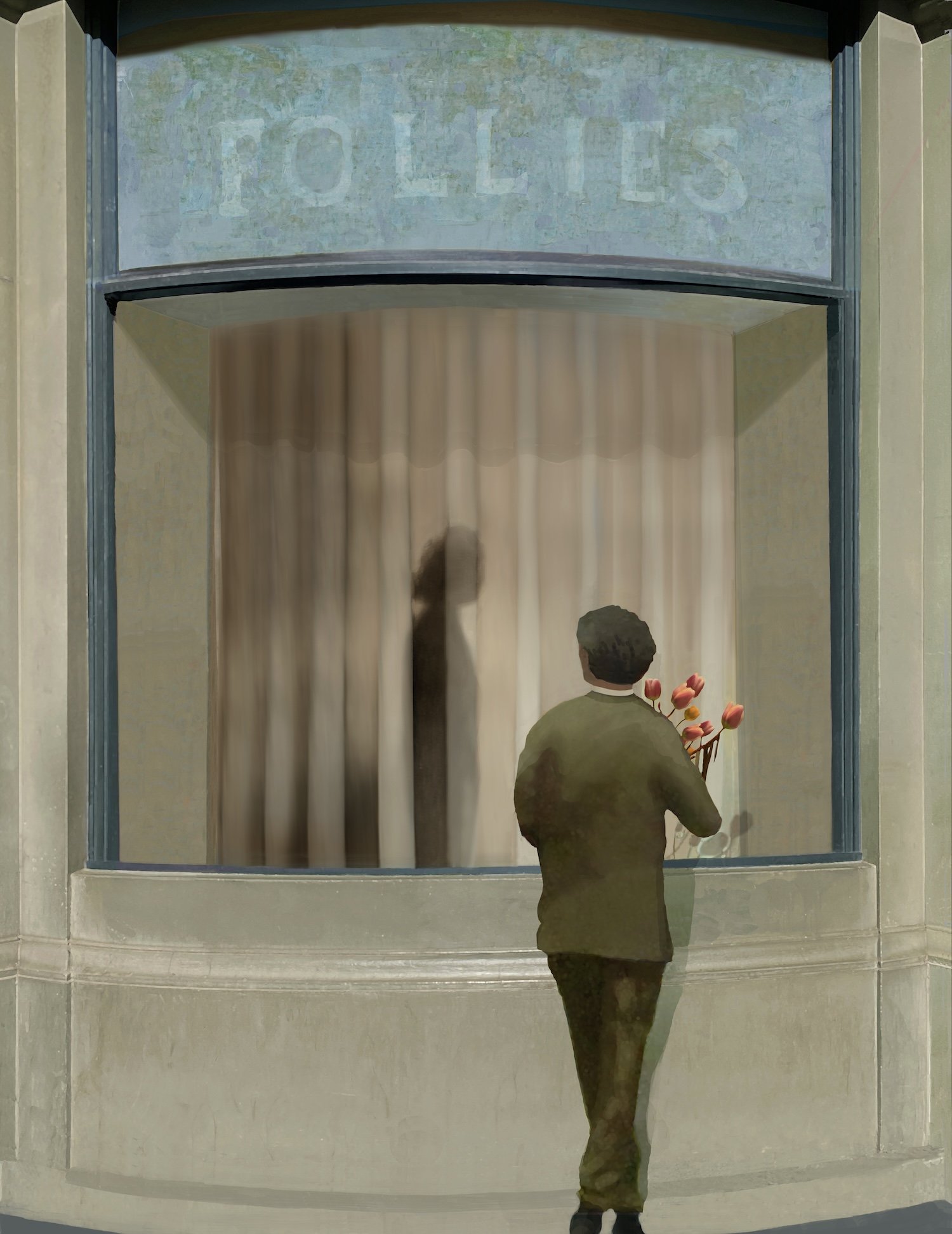 A man, tulips in hand, stands beneath the sign Follies, observing a figure through the window. Original limited edition print by Melbourne artist Peter Hyatt.