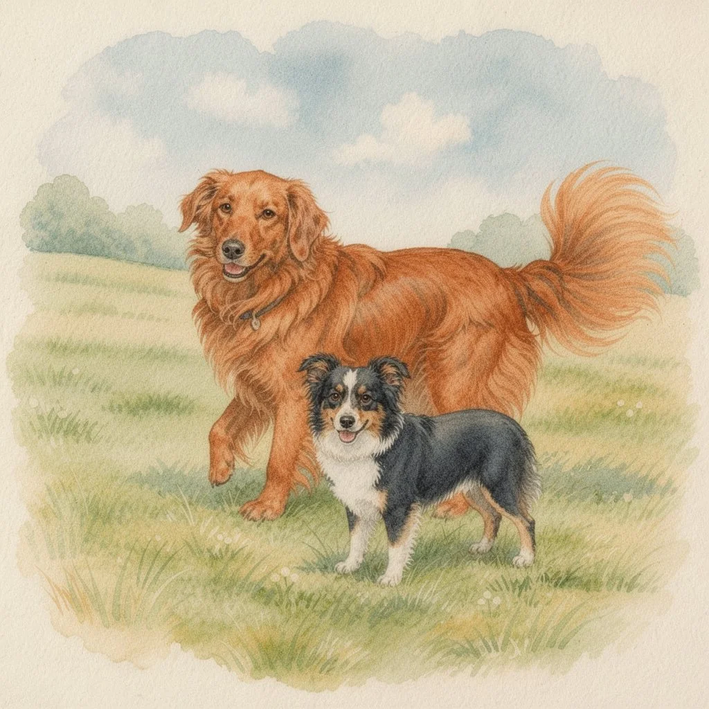 Watercolor of Mondo (a Golden Labradoodle) and Ollie (a toy Australian Shepherd) standing in a grassy field with trees and blue sky in the background.