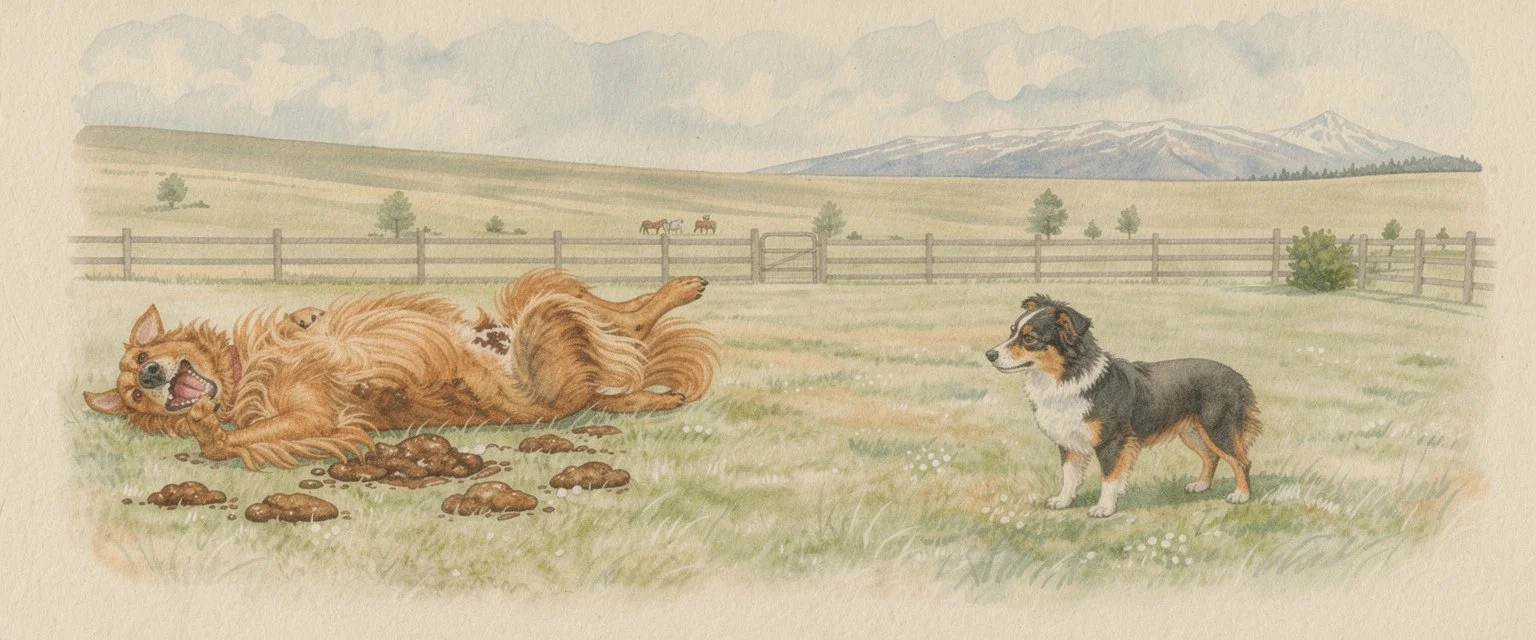 Watercolor of two dogs, one lying on the grass with a pile of poo next to it, while another dog looks at it judgmentally in a fenced yard with trees. A valley (Oxbow Ranch) and mountains in the background (Lolo Peak).