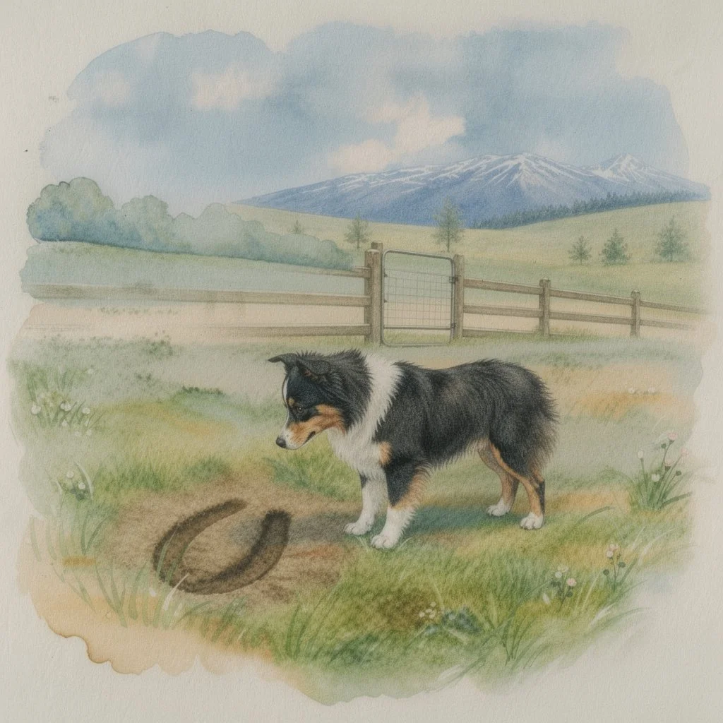 Watercolor painting of a dog in a grassy field with a mountain in the background and a wooden fence behind the dog.
