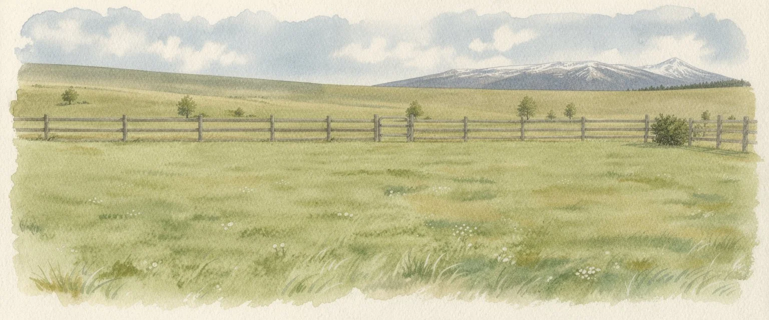 Watercolor view of a Montana valley (Oxbow Ranch) and mountains (Lolo Peak).