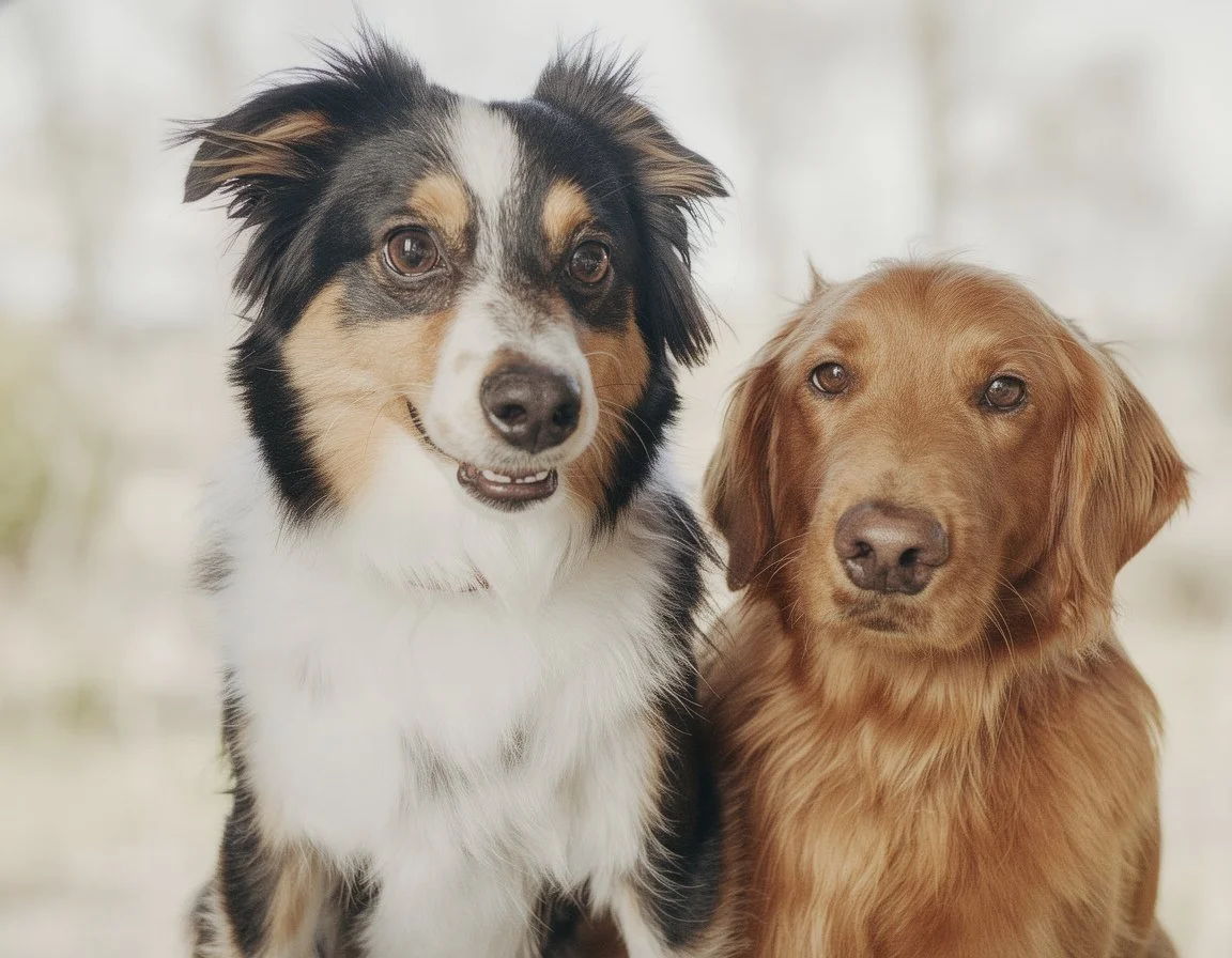Image of two dogs, Mondo (a Golden Labradoodle) and Ollie (a toy Australian Shepherd), sitting close together, looking at the camera.