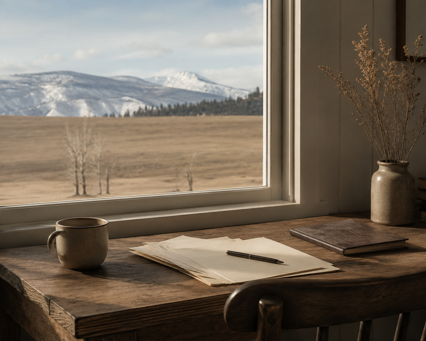 A wooden desk with a coffee mug, paper, and a pen, positioned by a window with a mountain and field view. There is a vase with dried branches and a closed book on the desk.